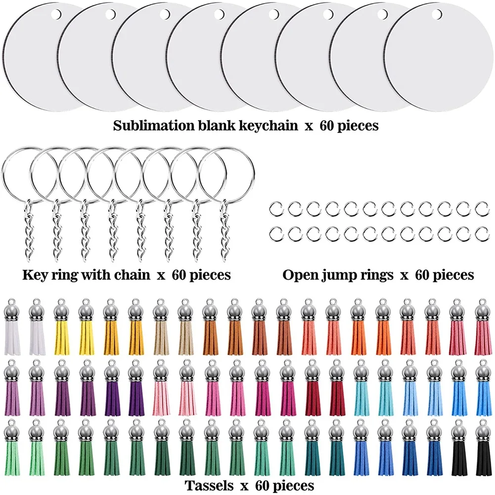 240 Pieces Sublimation Blanks Keychain Set Round Key Rings Sublimation Ornament Blanks Heat Transfer Keychain Tassels