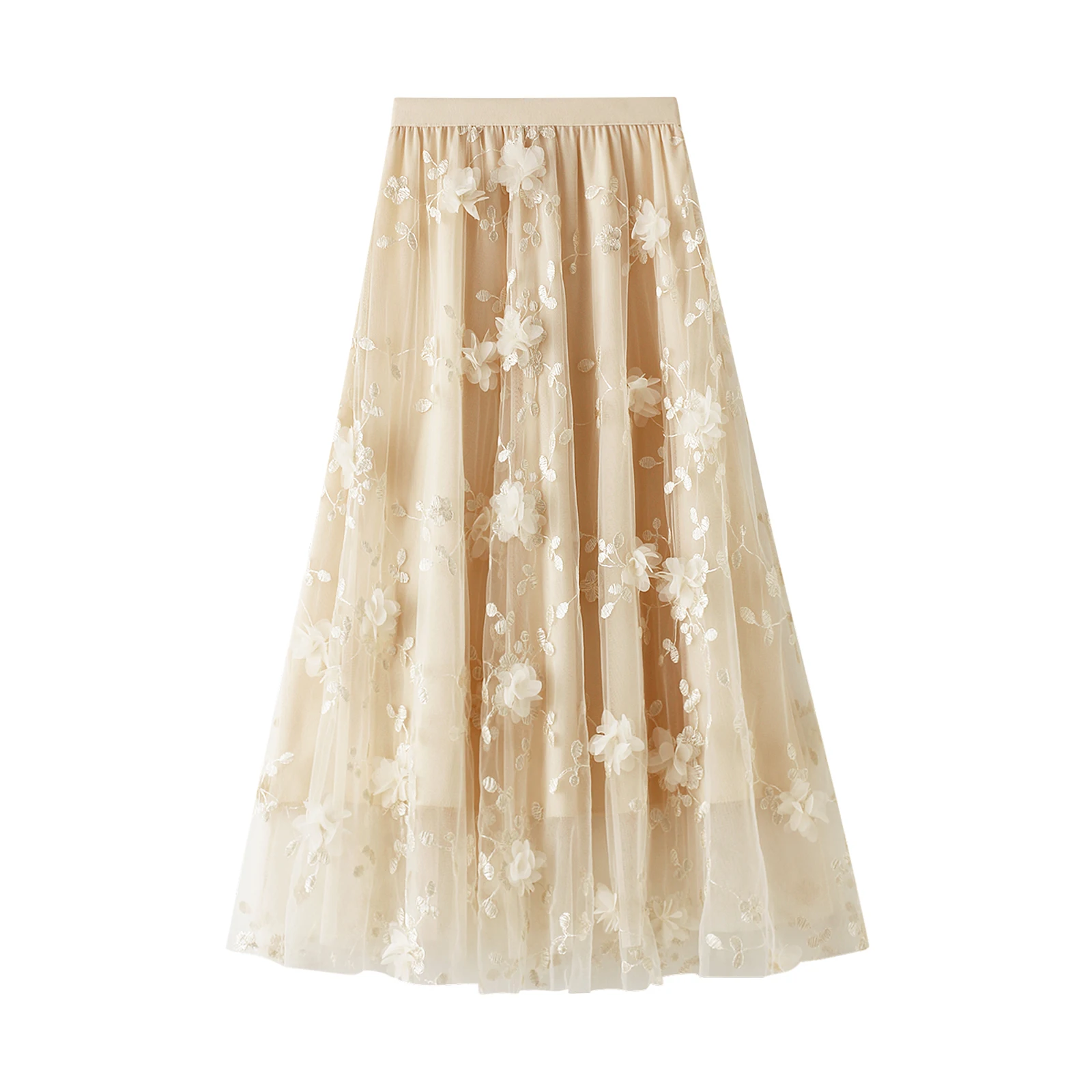 Women's Fashion Long Tulle Skirt Casual High Waist 3D Flower Embroidery Solid Color Midi Swing Skirt