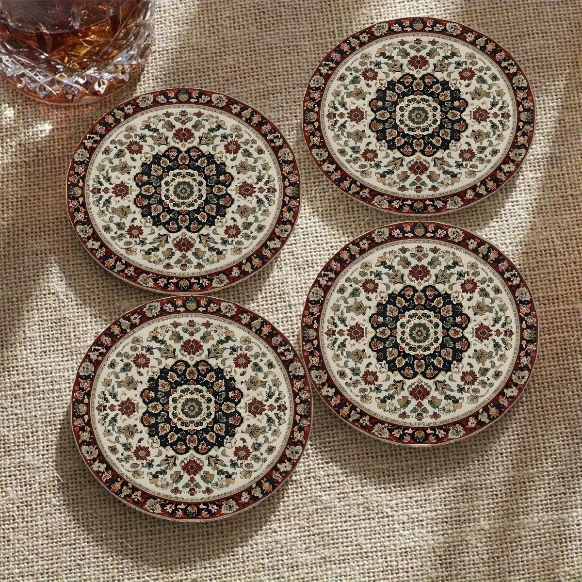 10CM 4PCS 2D Retro Bohemian Style Wooden Coasters Coffee Shop Furniture Decoration Gift Desktop Protection Photography Props