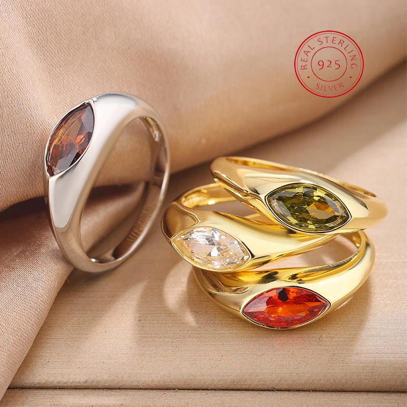 `Bezel Set Marquise CZ Wide Band Ring 925 Sterling Silver Multi‑Color Option Gold Silver Plated Fashion Women Statement Ring