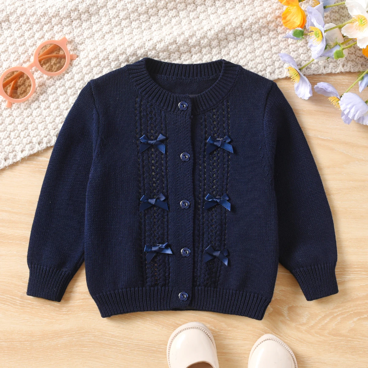 Girl's Cute Solid Color Bow Round Neck Sweater Cardigan Suitable for Casual Vacation in Spring, Autumn, and Winter