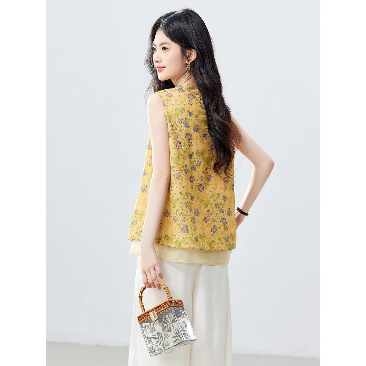 VIMLY Yellow Printed Embroidery Blouse 2026 Women's Stand Collar Chiffon Tops Summer Elegant Fashion Sleeveless Blouses A6292