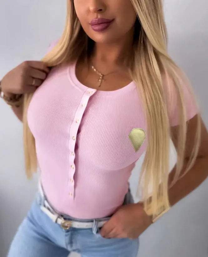 

Women's Jumpsuit Summer New Fashionable Fresh Sweet Style Gold Decal Button Design Round Neck Tight Short Sleeved Jumpsuit