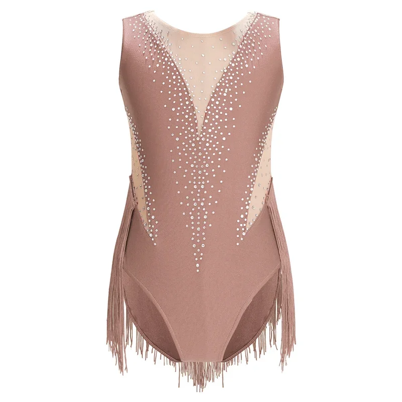 Kids Girls Ballet Latin Dance Leotards Figure Skating Performance Costume Shiny Rhinestone Tassel Gymnastics Bodysuit Dancewear