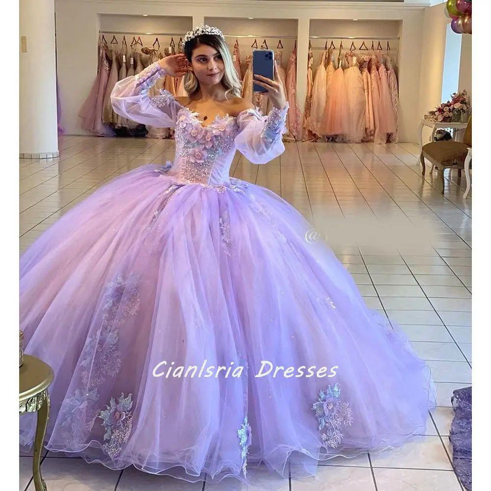 Corsé De manga larga con apliques De flores en 3D, vestido De quinceañera, vestido De baile con hombros descubiertos, 16 Vestidos De 15 Años