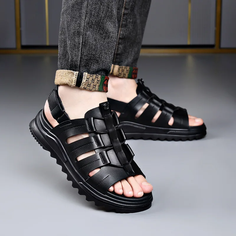 Platform Summer High Quality Thick Sole Sandals Leather Cowhide Beach Toe Wrap Sandals Outdoor Walking Shoes Men Casual Shoes