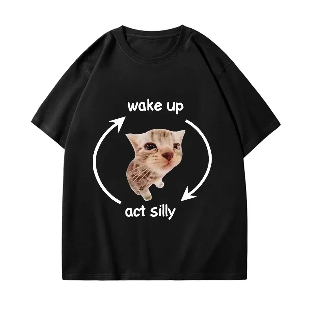 Camiseta informal de manga corta a la moda para hombre, estilo de gran tamaño, divertida camiseta con estampado de acordes, camisetas gráficas con Meme de gato y plátano llorando