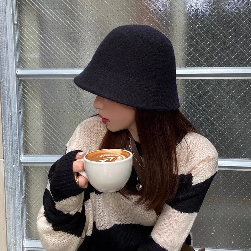 Fashion Bucket Hat Knitting Breathable Fisherman Cap Autumn Winter Warm Soft Slouchy Crochet Solid Color Cap for Women Travel