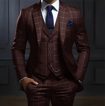 Plaid Men's suit 3 piece Suit Formal Business Work Clothes Party Groom Wedding Tuxedo Custom Color XS-5XL Suit Men 4