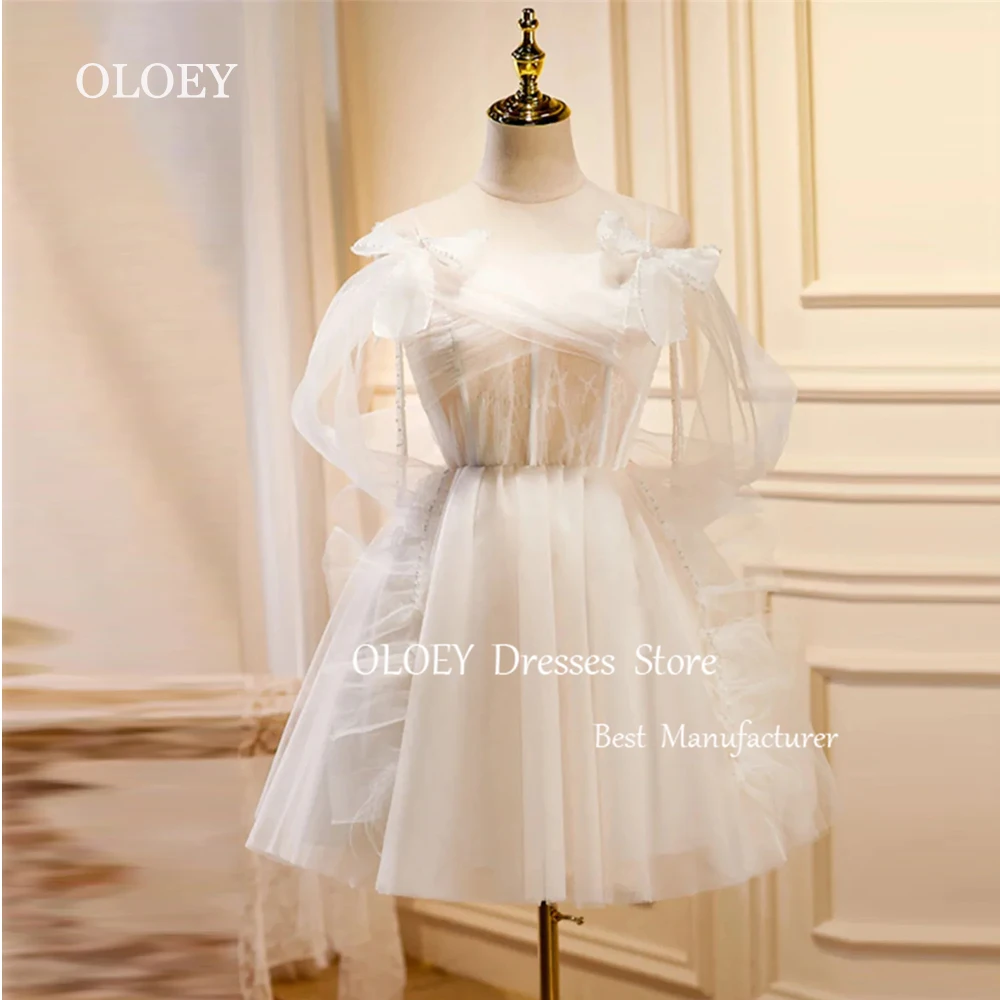 

OLOEY Elegant Ivory Short Wedding Dress Pearls Off Shoulder Long Sleeves Mini Bridal Gown Corset Custom Formal Party Gown Pleats