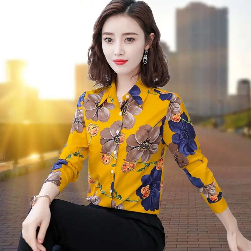 Vintage Printed Button Loose Floral Shirts Women\'s Clothing 2023 Autumn Winter Oversized All-match Tops Office Lady Blouses