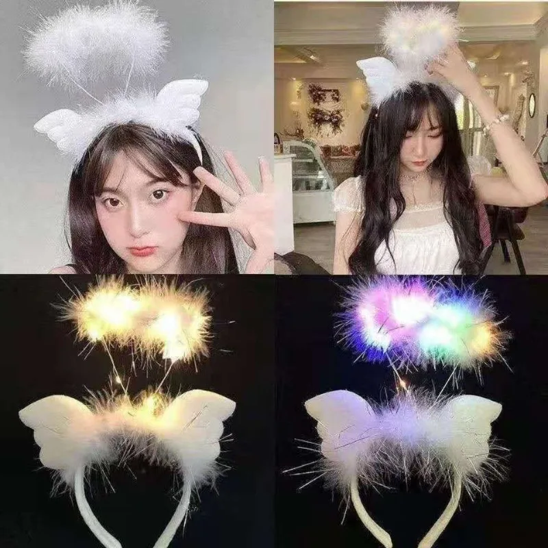 

Adults Kids White Feather Angel Halo Headband With Light Ring Wreath Gift Birthday Party Cosplay Costume Christmas Halloween