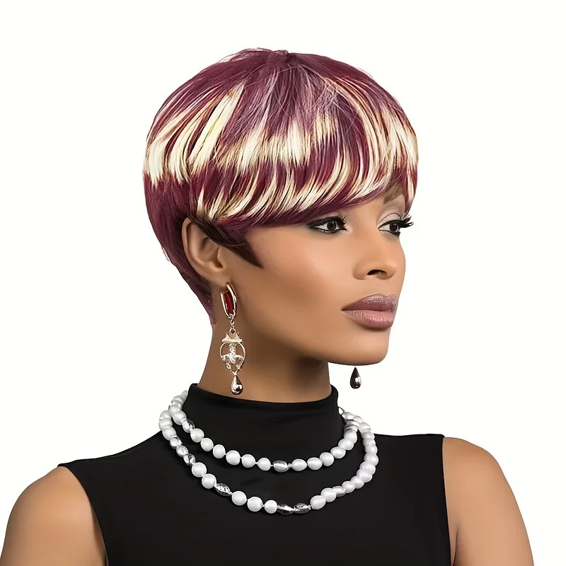 

Short Pixie Cut Human Hair Wig Pixie Cut Wig Highlight Short Wig With Bangs Full Machine Made Wig For Women