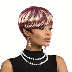 Short Pixie Cut Human Hair Wig Pixie Cut Wig Highlight Short Wig With Bangs Full Machine Made Wig For Women