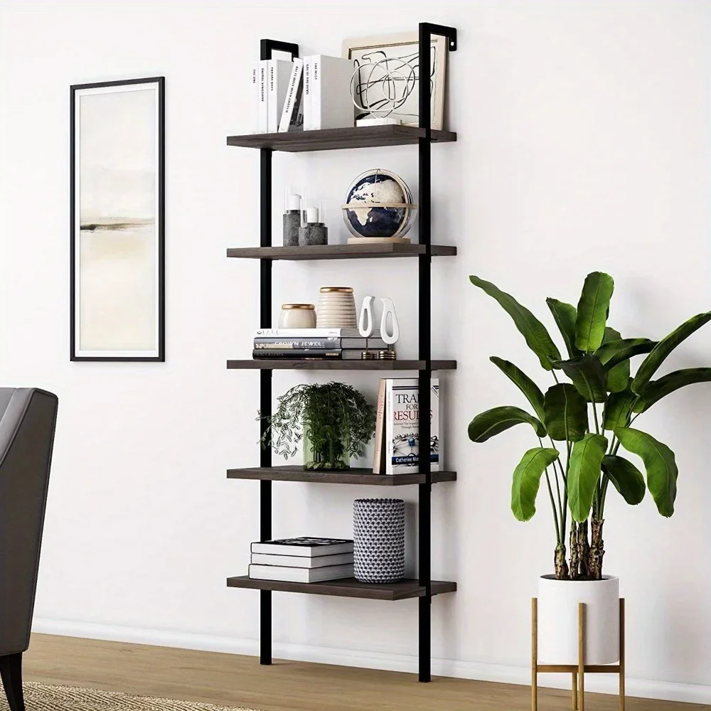 

5-Tier Shelf Wood Ladder Bookcase w/ Metal Frame Industrial Modern Open-Shelving