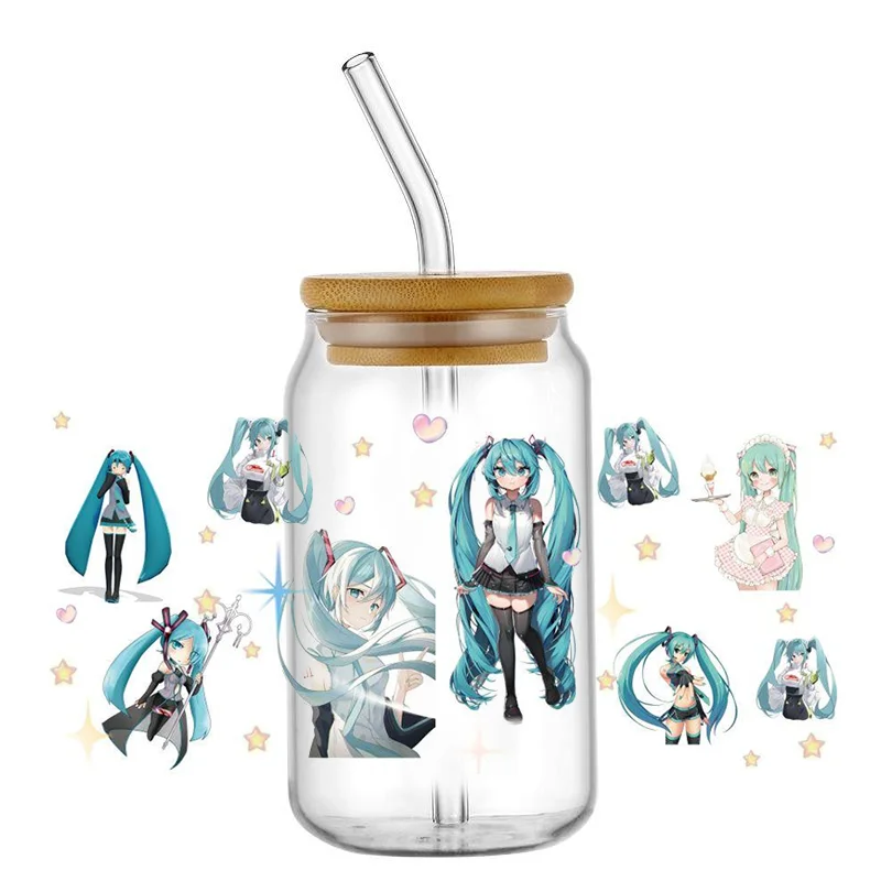 Miniso-pegatina de dibujos animados Mikuo 3D UV DTF, envolturas de transferencia DIY para taza de vidrio de 16oz, envoltura impermeable, pegatinas para taza de café