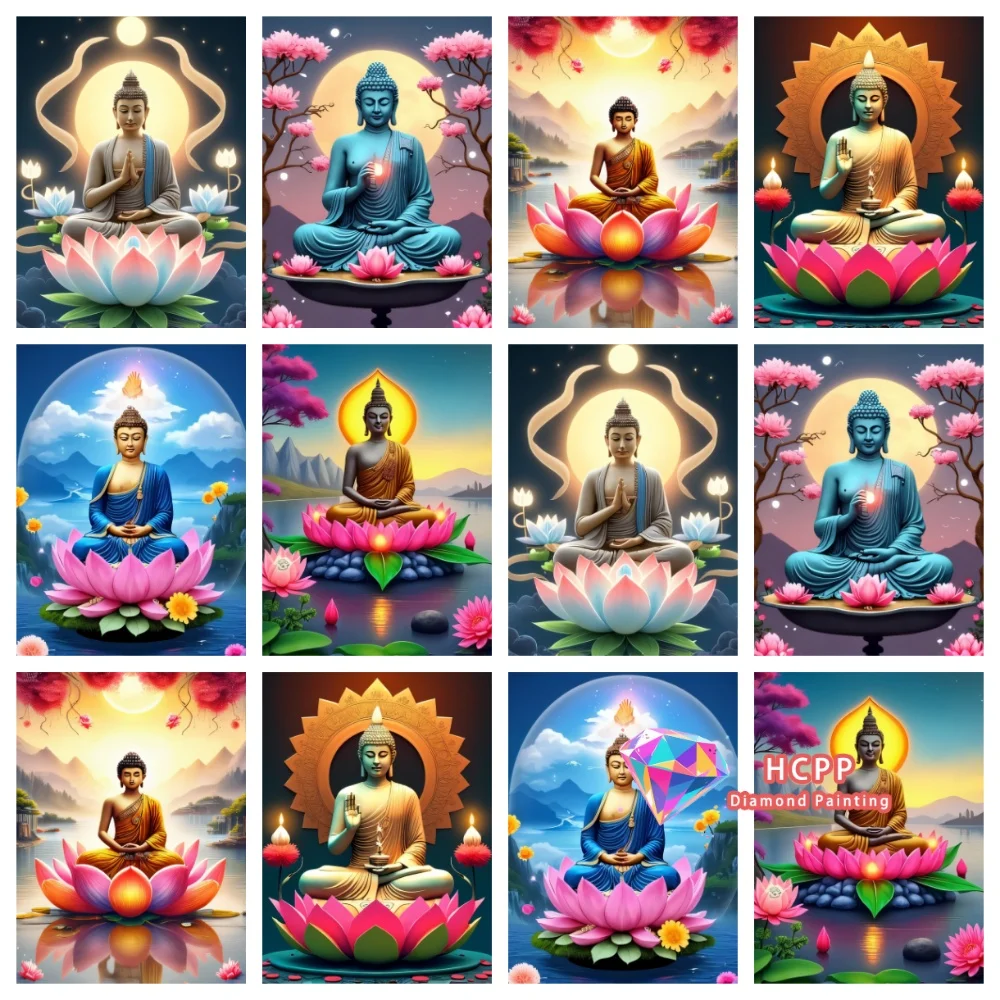 Buddha Meditative Lotus Blossom Spiritual Diamond Painting Kit Square Round Diamond 5D DIY Mosaic Handmade Art Gift Home Decor