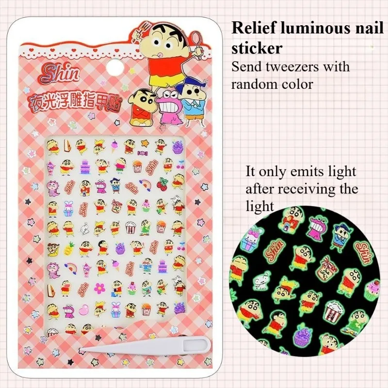 

Crayon Shin-chan Luminous Relief Nail Stickers Cute Cartoon Creativity Nail Ornament Send Tweezers Fashion Noctilucent Sticker