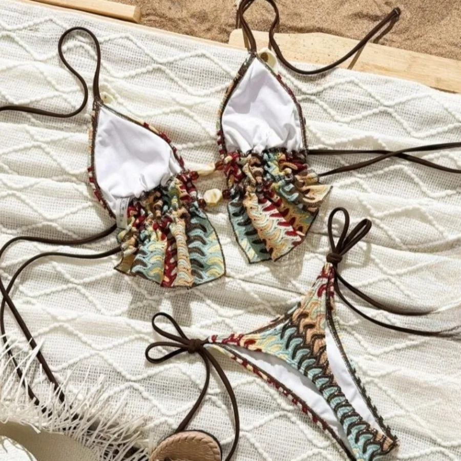 مزدوج التفاف التعادل مجموعة البكيني النساء البوهيمي الخامس الرقبة خمر أنيقة Tankini قطعتين ملابس الشاطئ التستر ملابس السباحة مثير بيكيني