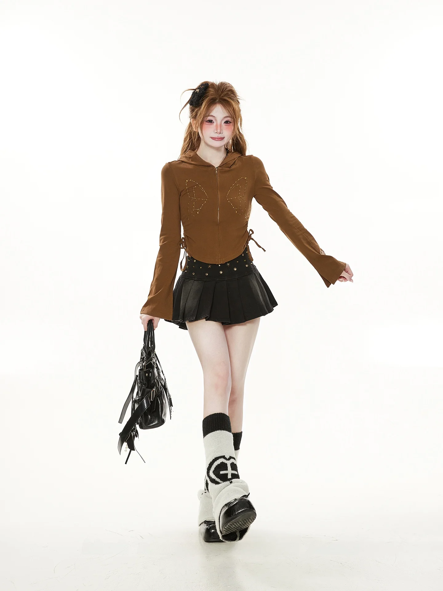 

Женская винтажная американская толстовка с капюшоном и завязками на талии, с длинными рукавами, открытый кардиган, футболка с рукавами-колокол