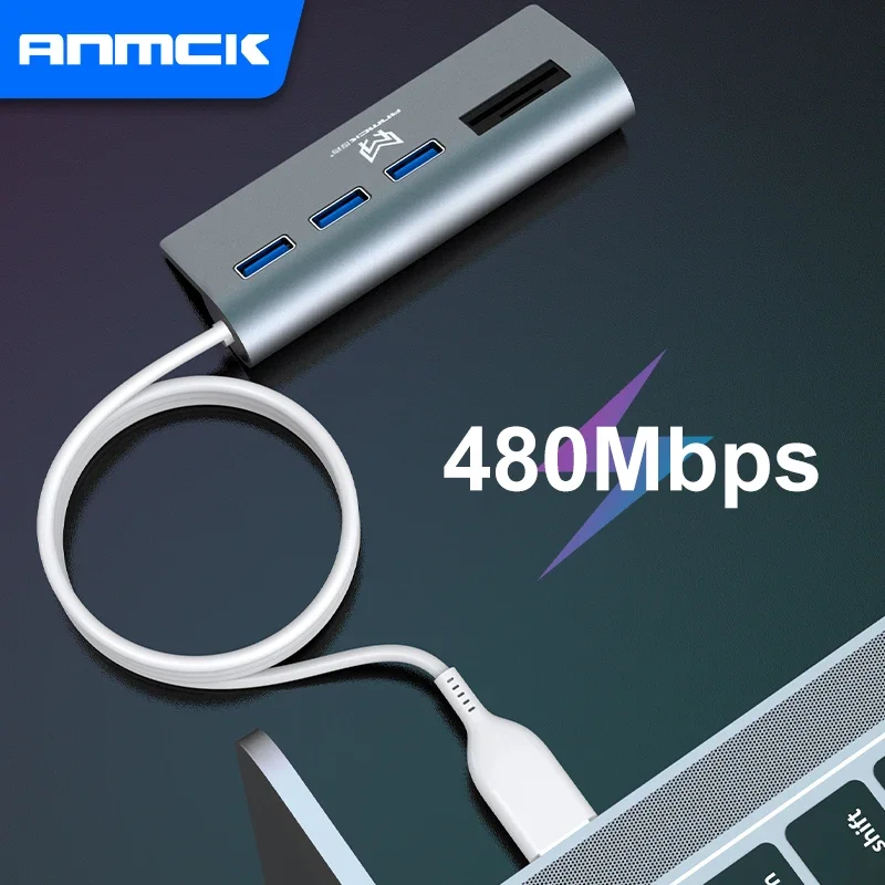 Anmck-Hub USB 2,0 con lector de tarjetas SD para ordenador portátil, adaptador divisor USB 2,0 para PC y Macbook Pro, 5 puertos