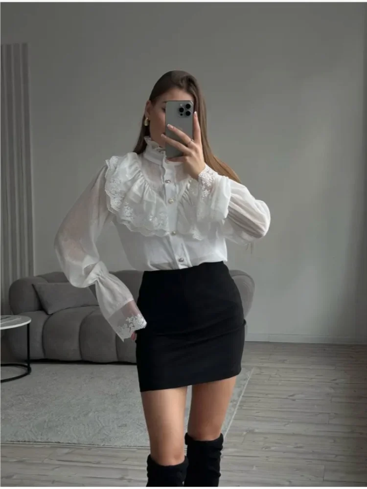 White Elegant Chiffon See Through Shirt Women Ruffled Collar Single Breasted Flared Sleeve Loose Shirts 2026 Lady Sexy Top New