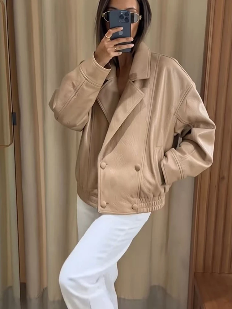 TFMLN New Lapel Casual Women PU Coat Double Breasted Faux Leather Jacket Fashion Elastic Hem Loose Fit Street Jackets 2026