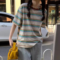 Vintage Striped Print Loose T-shirts Summer Women O-Neck Short Sleeve Student Korean Tee Shirt Tops WYP-T11