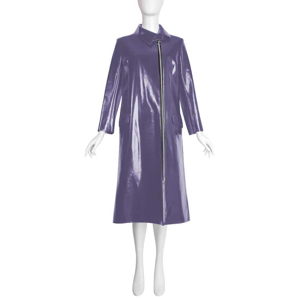 

Vintage Fashion Zipper Side Mid Trench Coat Plus Size Long Sleeve Women Overcoat Glossy PVC Leather Long Dress Streetwear 8XL