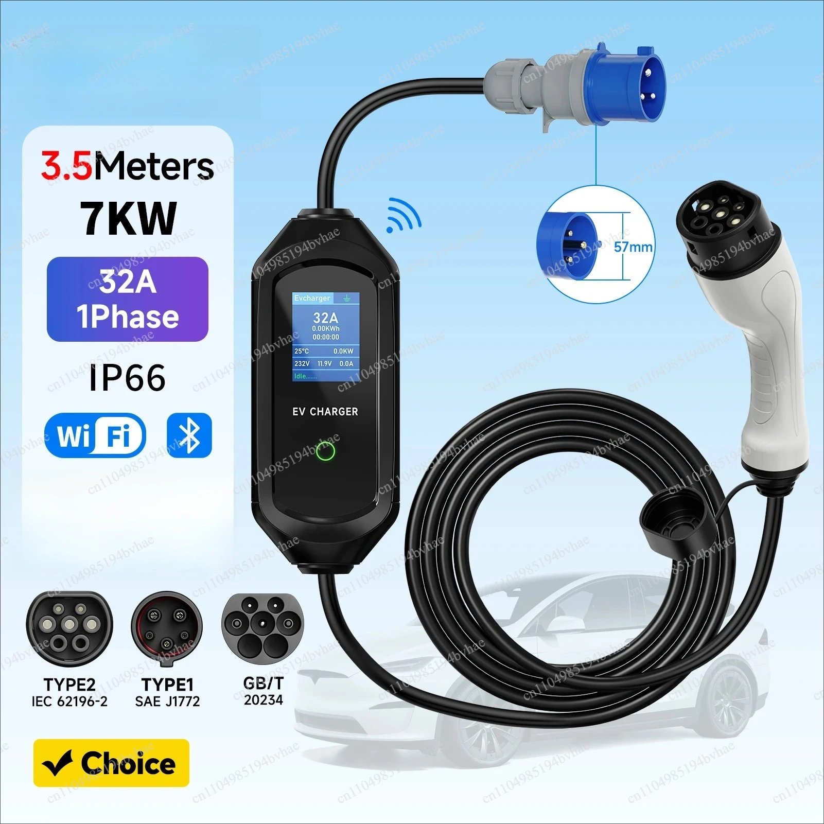 7KW Portable EV Charger Type2/Type1/GBT Electric Car Charger 32A 1Phase Wallbox Fast Charging Cable WiFi APP Bluetooth Control