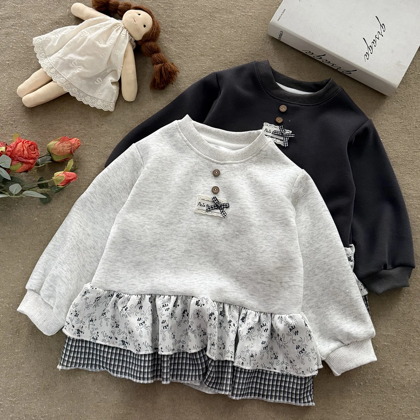 2026 Spring/Autumn New Hoodie with Lace Top, Children's Checkered T-shirt Treasure Inner, Girls' Long Sleeve Bottom