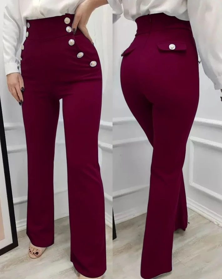 

Fashion Straight Pants for Women 2024 Spring Pocket Buttons Office Lady High Waist Pocket Design Buttoned Pants Trousers