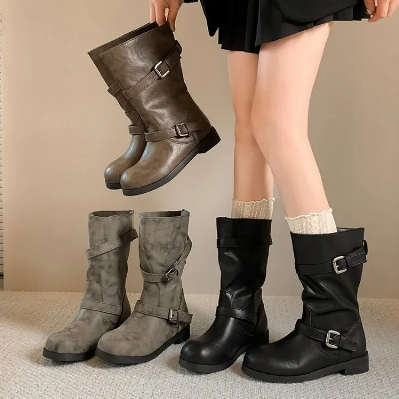 Women Vintage Distressed Slouchy Mid-Calf Boots Double Buckle Straps Low Heel Non Slip Casual Autumn Winter Footwear