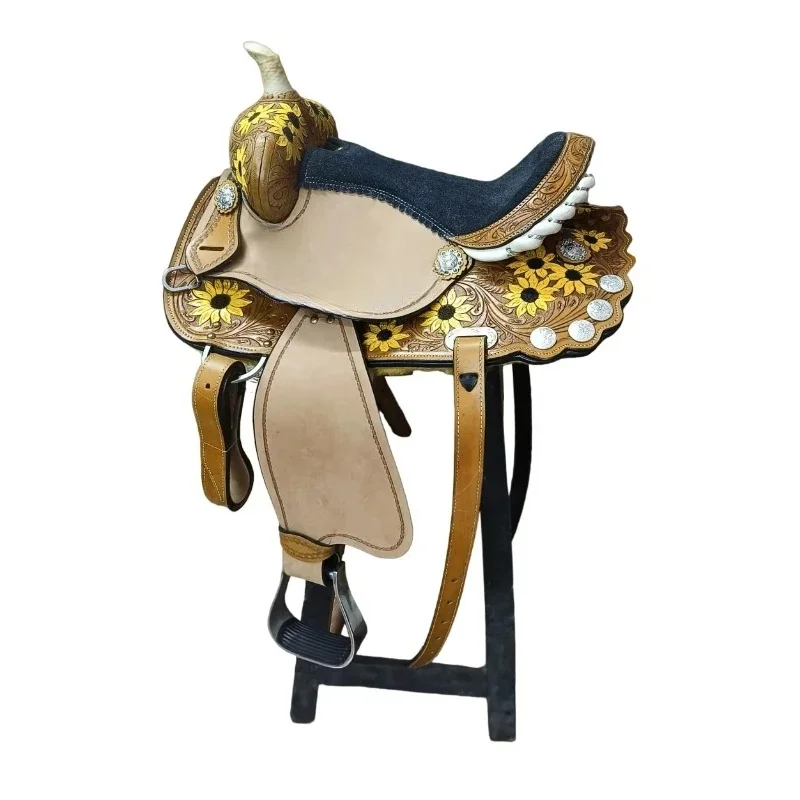 Western Style Barrel Flower Pattern Hand Carved Painted Yellow Flower Pattern Silver Concho Saddle Strap Harness Set