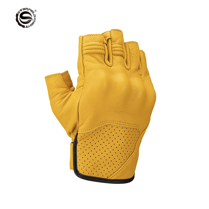 Star Field Knight Half Finger Yellow Motorcycle Gloves Real Goat Leather Gloves Summer Breathable Wear-resistant Riding Gears