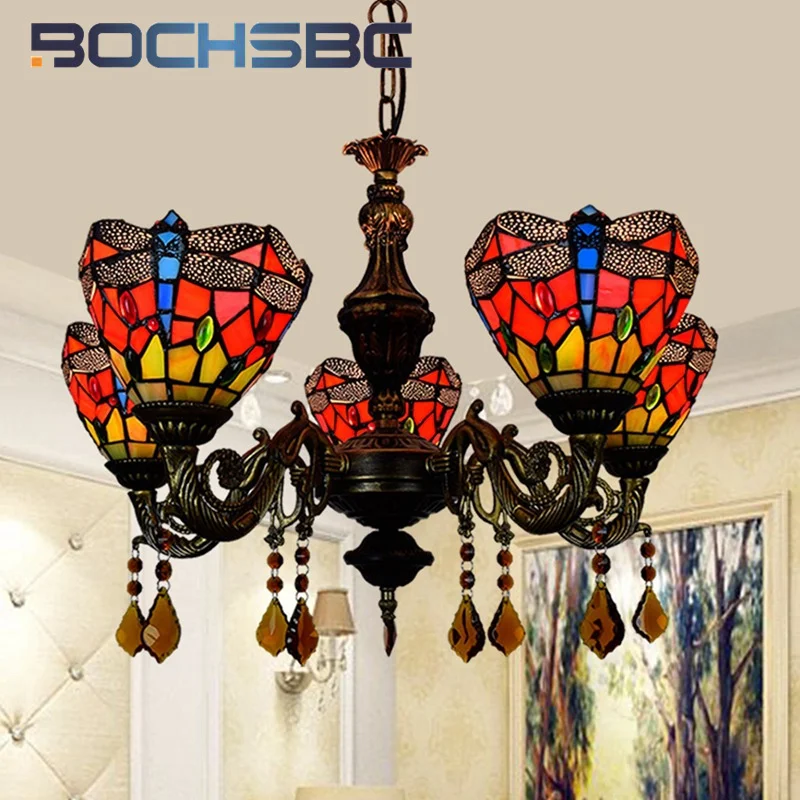 BOCHSBC Tiffany style stained glass Red Dragonfly 5 chandelier Pendant lamp living room Dining room bedroom LED decor