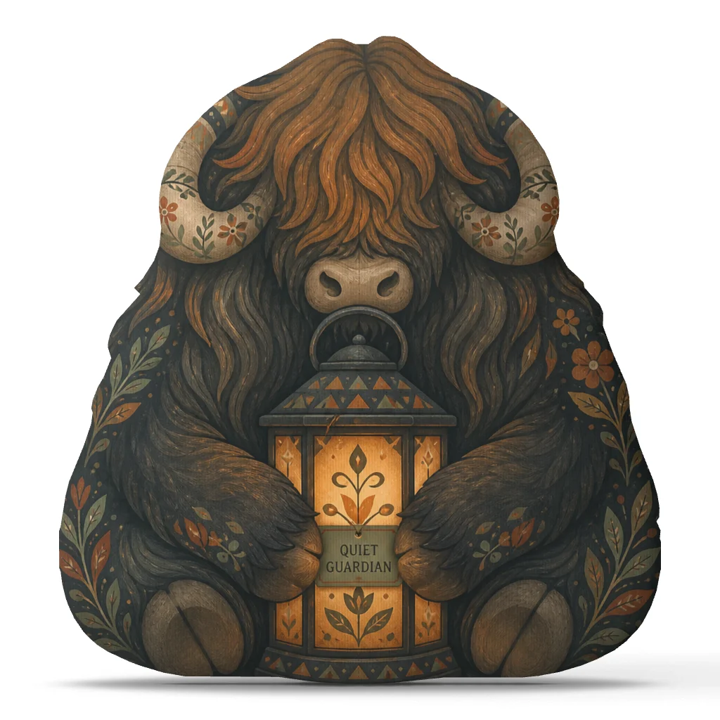 Quiet Guardian Highland Cow Plush Pillow Folk Art Yak Cushion Irregular Stuffed Throw Pillow Rustic Cozy Home Decor Gift