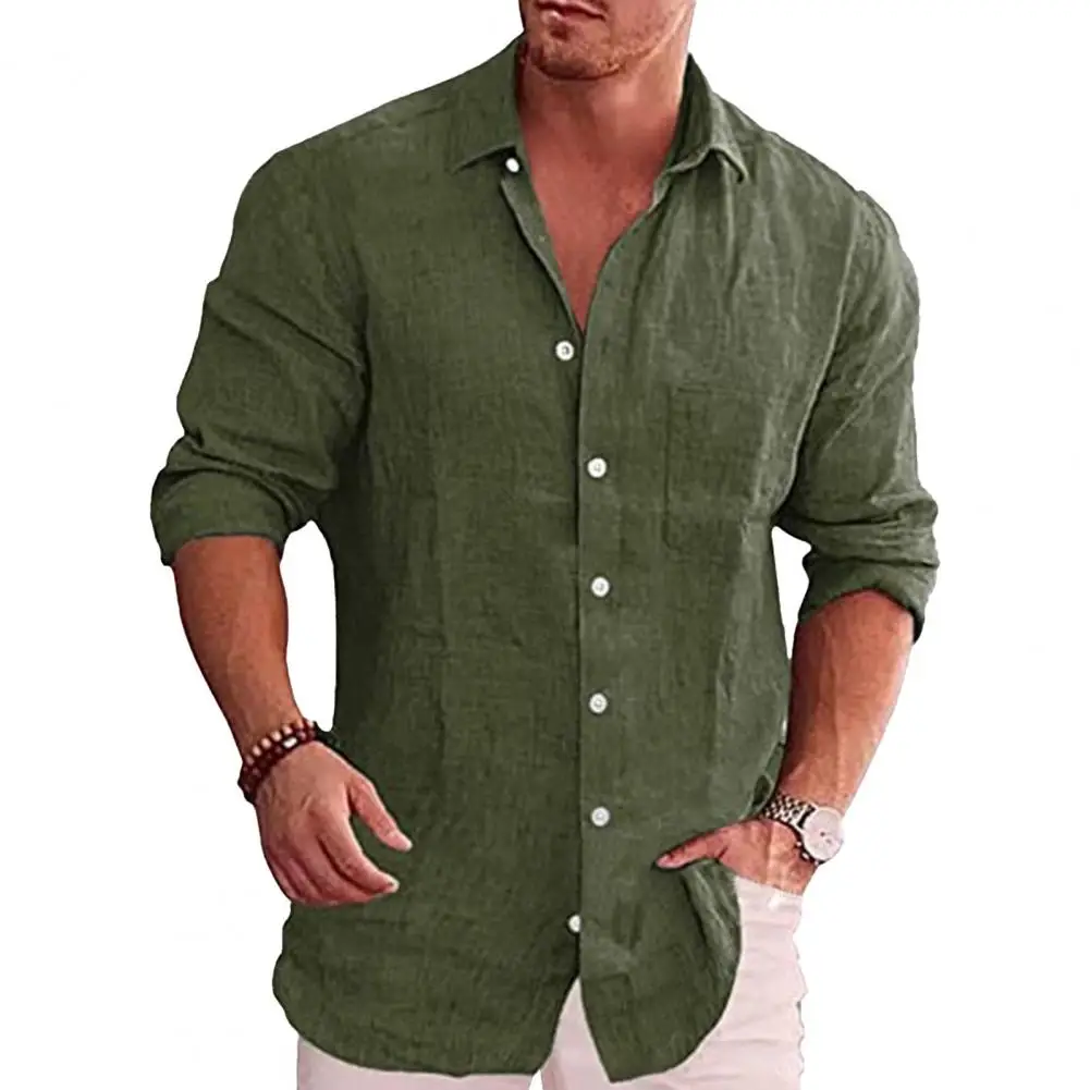 

Spring Fall Men Shirt Turn-down Collar Chest Pocket Single-breasted Loose Long Sleeves Button Cardigan Mid Length Casual Top