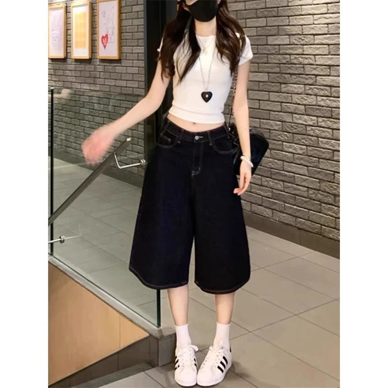 

Women's Summer Dark Blue Straight Wide Leg Shorts Denim Cropped Pants Girl Calf-length Jeans Female High Waist Capris Pants