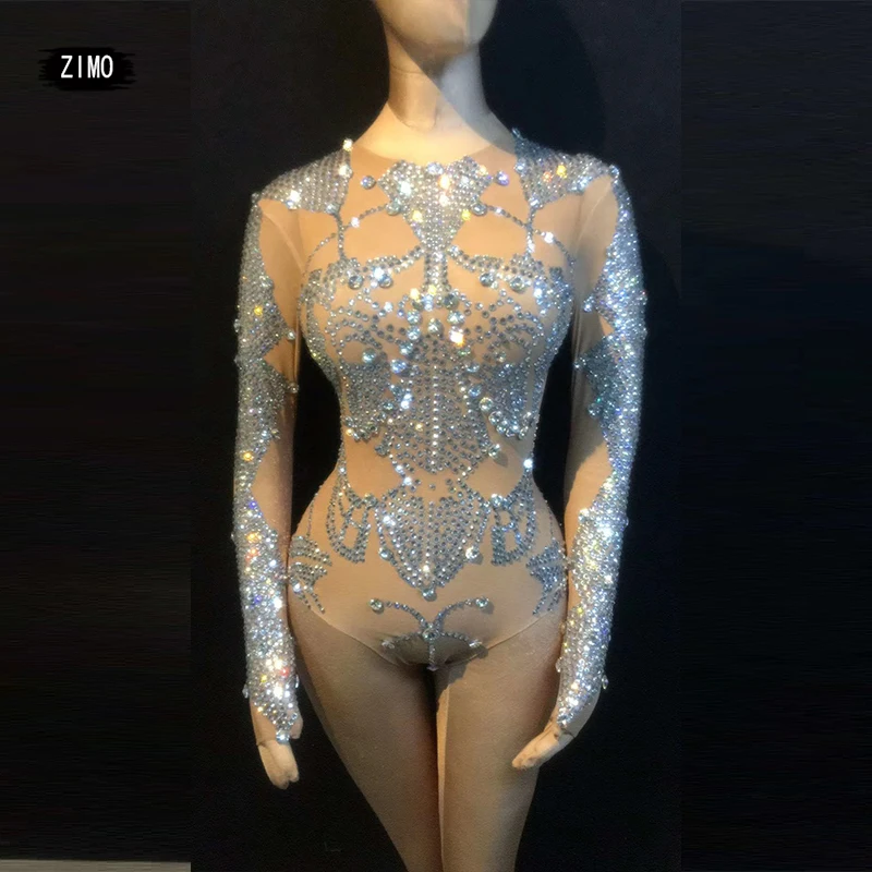 

Sexy full artificial Rhinestone long sleeve stage and dance costumes Latin jazz dance Sexy Nightclub Show leotard Dance Costume