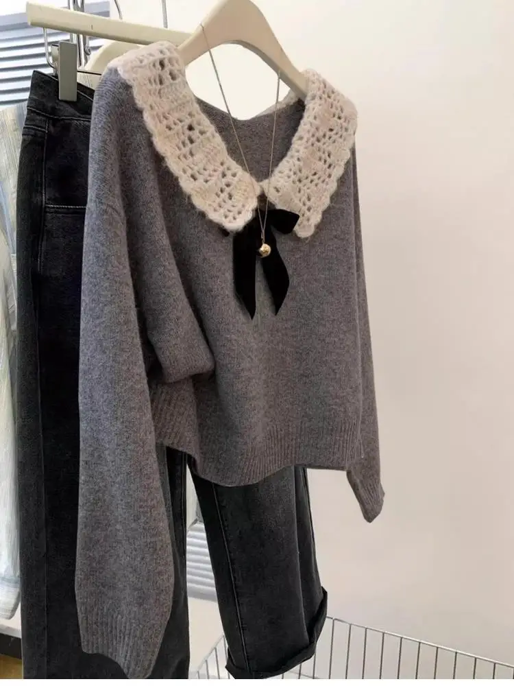 Autumn Winter New Grey Patchwork Long Sleeved Bow Knitted Sweater Vintage Woman Beige Elegant Loose Festival Pullover Slim Tops