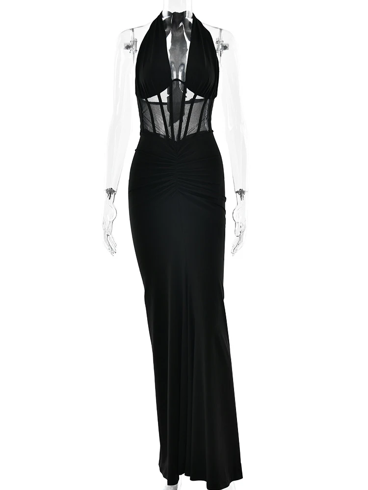 JULISSA MO Patchwork Sexy Deep V-neck Halter Women Maxi Dress Backless See Through Dress Summer Slim Elegant Party Evening Dress