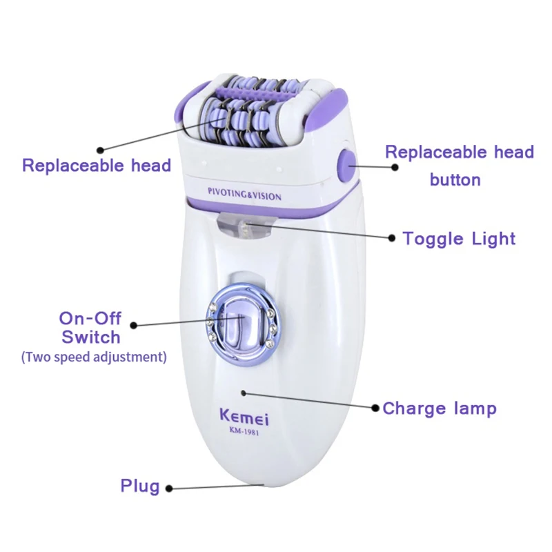 KM-1981 Women Epilator Electric Female Face Hair Removal Lady Shaver Bikini Trimmer Body Depilatory Leg Rechargeable Depilation