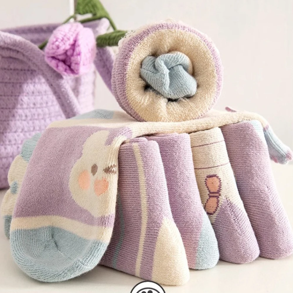 5 Pairs Girls' Thick Socks,Cute Cartoon Bunny Children's Socks, Winter Warmth,  Purple Mid Tube Socks, Autumn/Winter image 3