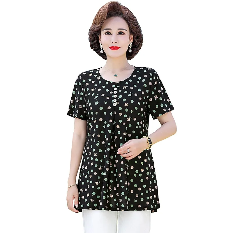 Plus size 7XL Loose Women Summer Shirts Lady Fashion Casual Short sleeve O-Neck Collar Button Mother dot Printing Blusas Tops