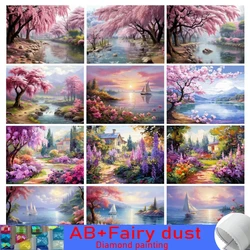 Scenic Pink Tree 120 colors AB Fairy Dust Diamond Painting Collection House Sailboat Mosaic Diy Embroidery Picture Wall Decor