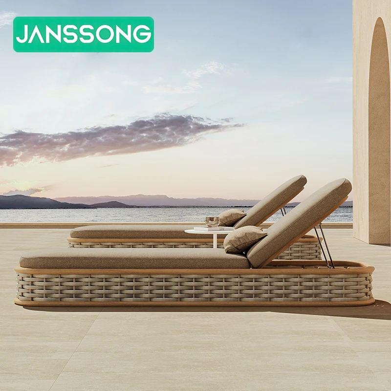 

Daybed Patio Furniture Teak Deckchair Rattan Lounge Bed Outdoor Furniture Wood Sunbed Poolside Furniture Outdoor Sun Loungers