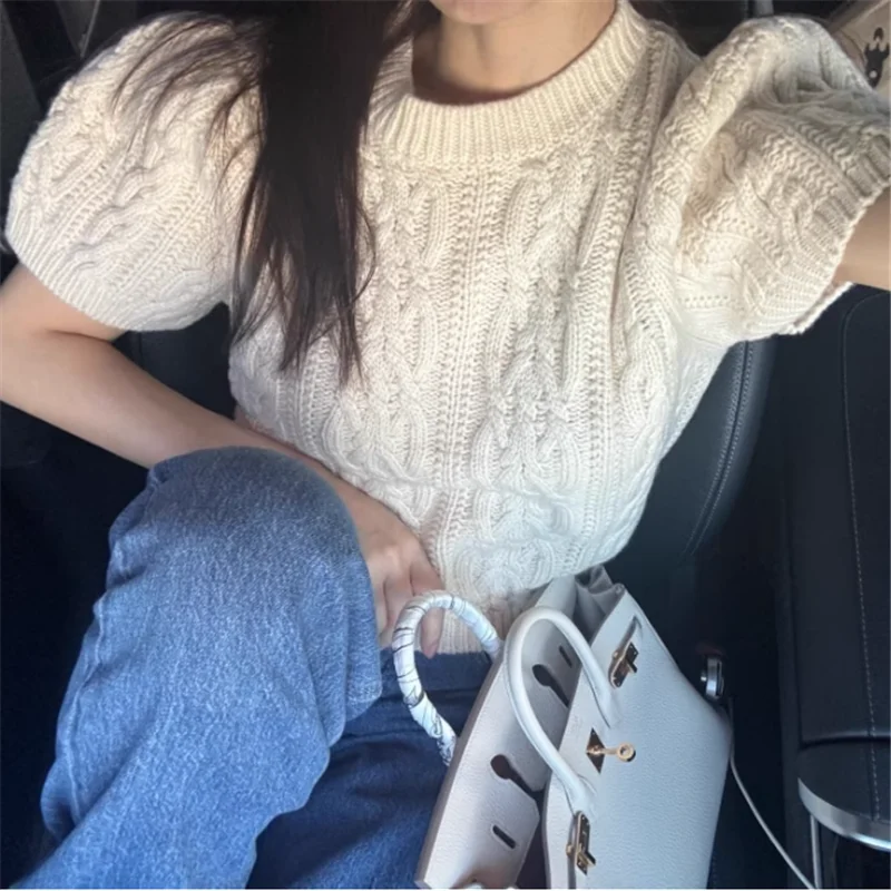 

Simple Style Women O Neck Short Sleeve Loose Sweater New Fall Black Grey Beige Twist Knitted T Shirt Top Short Pullover Jumper