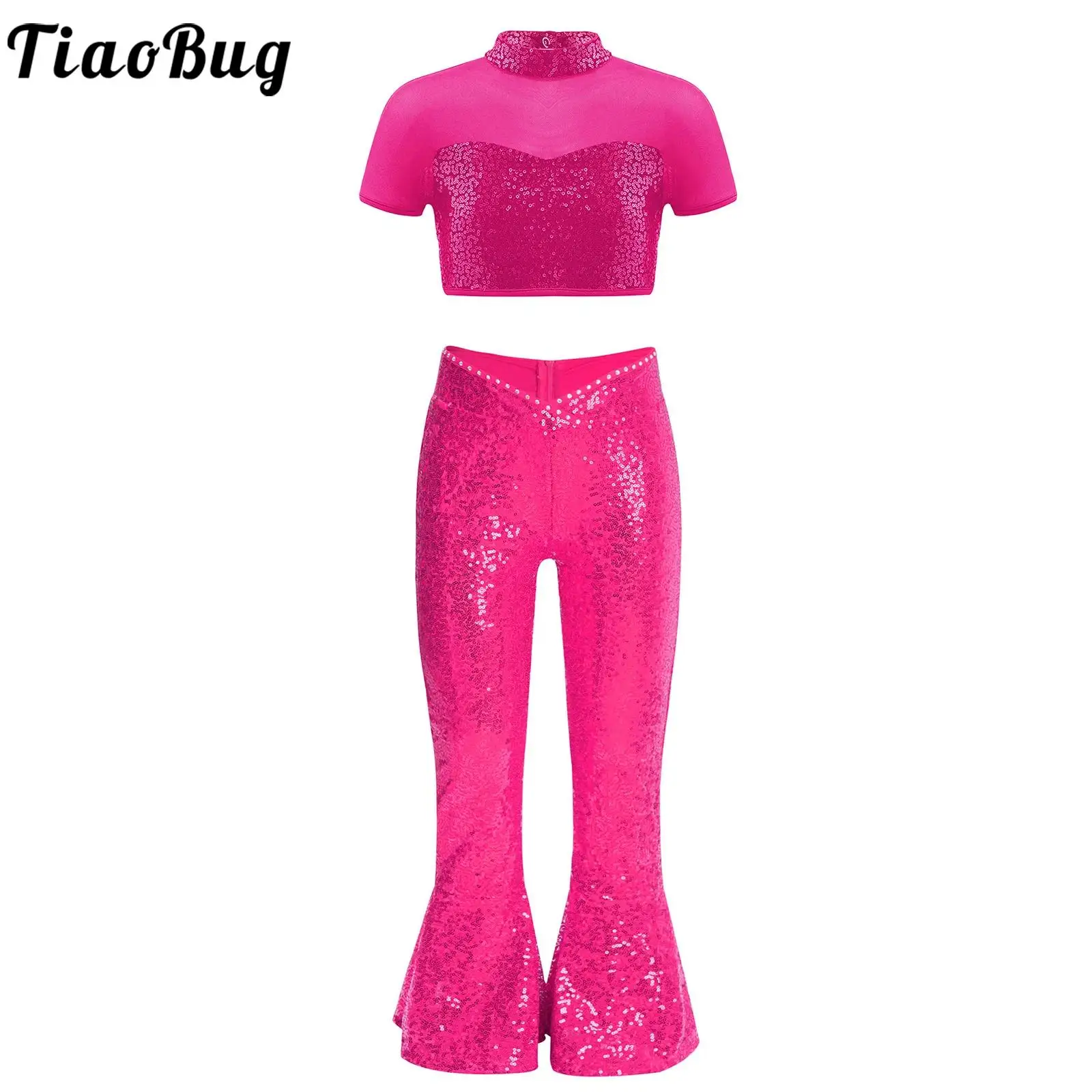 Kid Girls Jazz Dance Outfit School Party Cheerleading Performance Dancewear Short Sleeve Mesh Sequins Crop Top with Bell-bottoms