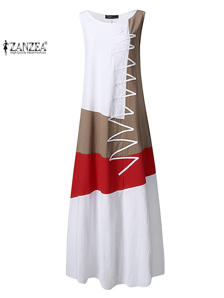 Sommer Patchwork Sommerkleid ZANZEA 2025, Frauen Maxi Kleid Kaftan Casual Ärmellose Tunika Vestido Weibliche Strand Urlaub Robe Oversize